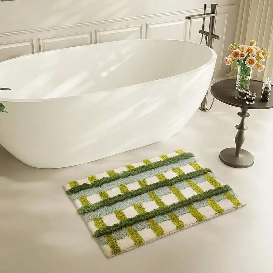 

Small Checkered Bath Mat, Sage Gre1en Tufted Bathroom Rugs, Non-Slip Washable Rug For Shower Bedroom Kitchen Door Mat Decor, 20