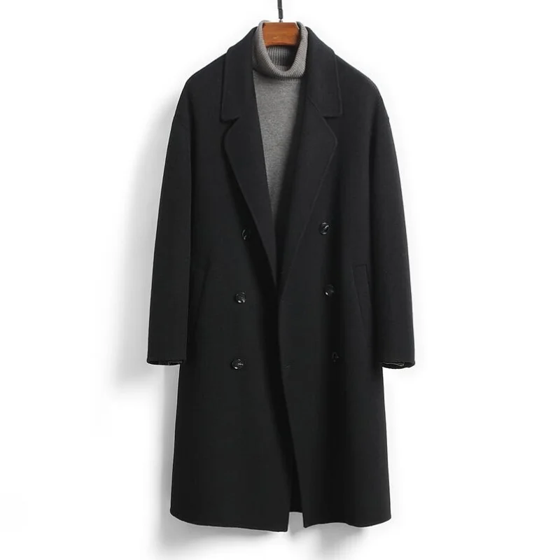 

2026 Men's Woolen Coat Double-breasted Basic Loose Casual Retro New Long Double-sided Men Overcoat Autumn Winter
