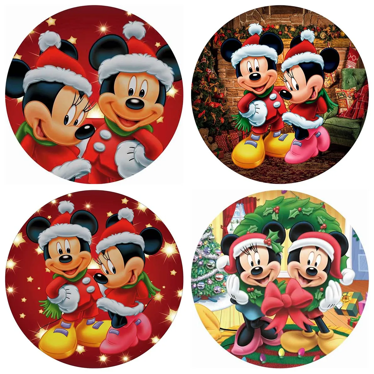 Christmas Mickey Minnie Circle Round Backdrop Cover White Snow Merry Christmas Photo Background Photobooth for Birthday Party