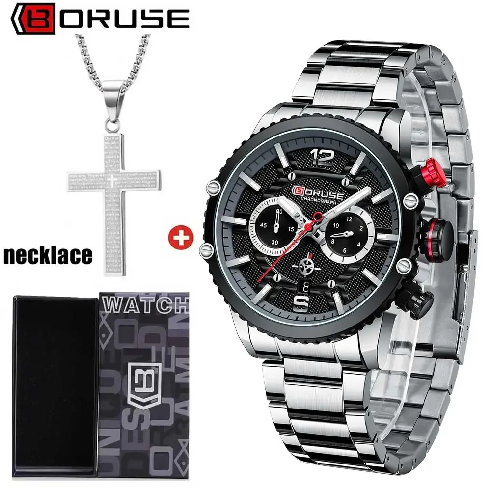 BORUSE 2Pcs/Set of Silver-black Luxury Mens Quartz Watch Necklace Classic Round Dial Alloy Case with Date Ideal Gift for Men