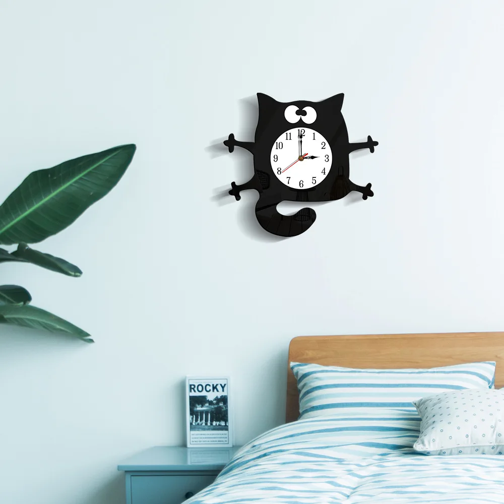 Rocking Tail Cat Hanging Clock Modern Children\'s Room Moving Tail Cat Clock Acrylic Mute Quartz Clock Acrylic Mirror Stickers