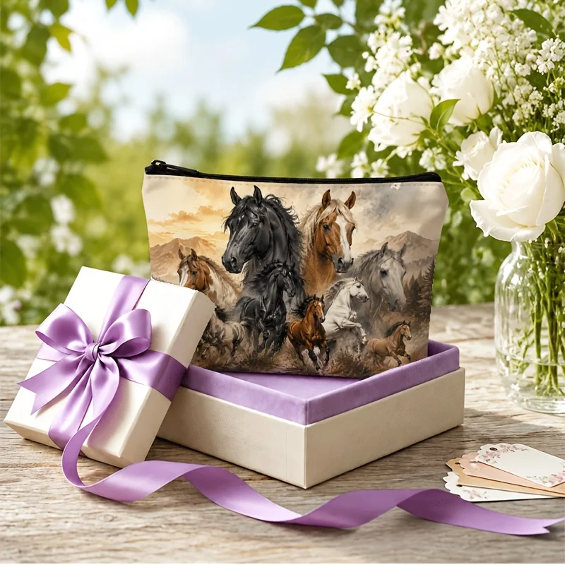 Wild Free Style, 2D Makeup Bag with Zipper And Horse Group Design, Thickened Material Soft Texture,Gift Giving/Best Friend Gift
