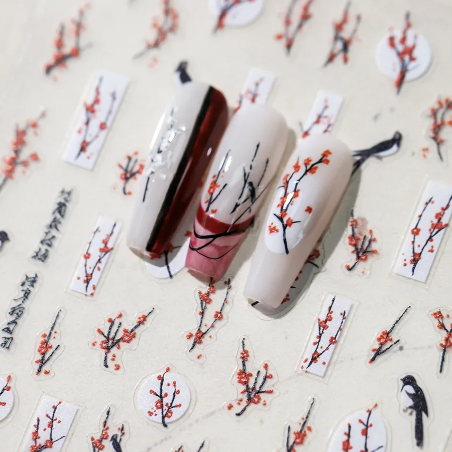 Vintage Chinese Ancient Poetry Red White Plum Blossom Magpie 3D Self Adhesive Nail Art Sticker Retro Dragon Manicure Tool Decals