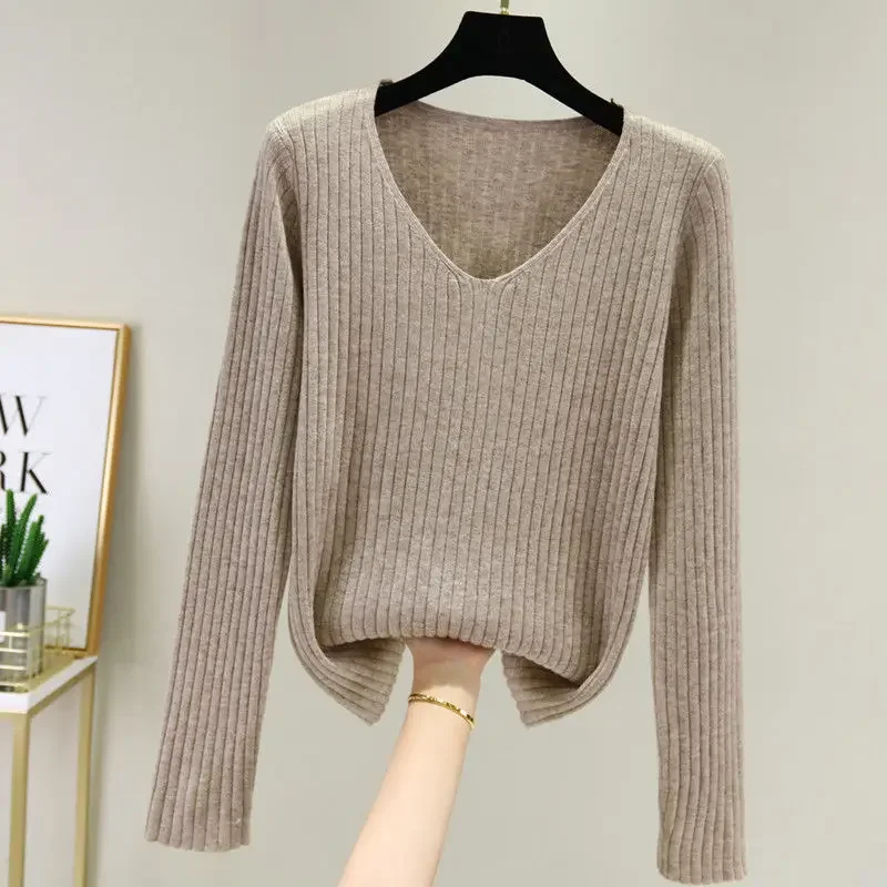 

Korean Fashion Women Solid Slim V-neck Sweater Spring Autumn Versatile Bottoming Casual Long Sleeve Basic Knitted Pullovers Tops