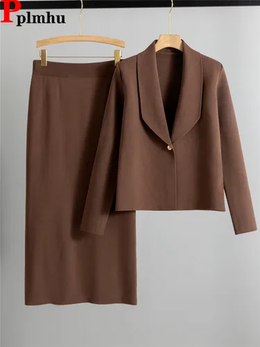 Conjuntos de 2 piezas de punto elegantes para mujer, cárdigan de punto de manga larga con cuello de solapa, Tops, conjuntos de faldas de cintura alta lisas