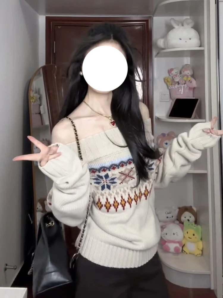 Sweter damski w stylu retro Fair Isle z odkrytymi ramionami, luźny, swobodny, z odkrytymi ramionami, dzianinowy top w stylu forest system na jesień i zimę.