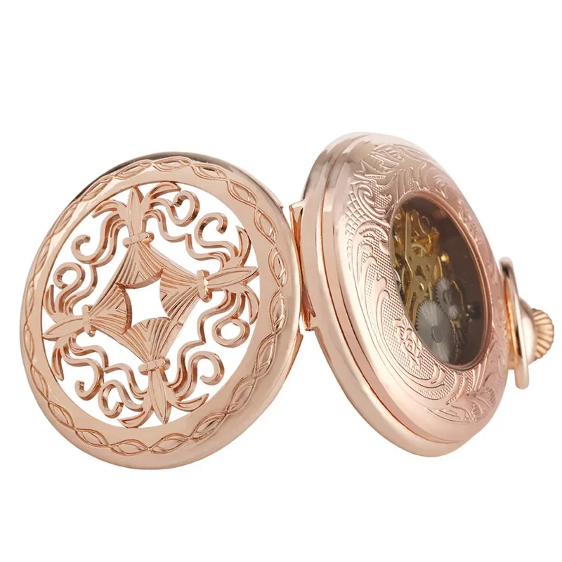 Retro Gold Hollow Out Knot Case Men Women Hand-winding Mechanical Pocket Watch Roman Numberal Skeleton Clock FOB Chain Gift