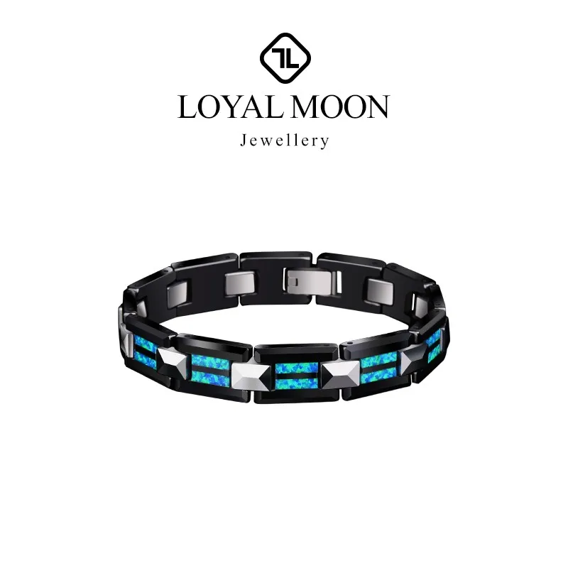 Loyal Moon 10mm Width Black Ceramic Bracelet Tungsten Links For Men Inlay Opal Jewelry18.5cm/20cm Length