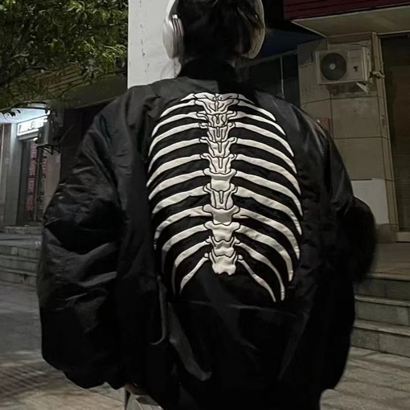 American retro high street skeleton ins dark wind pilot baseball jacket females Y2K couple casual wild sports cardigan jackets