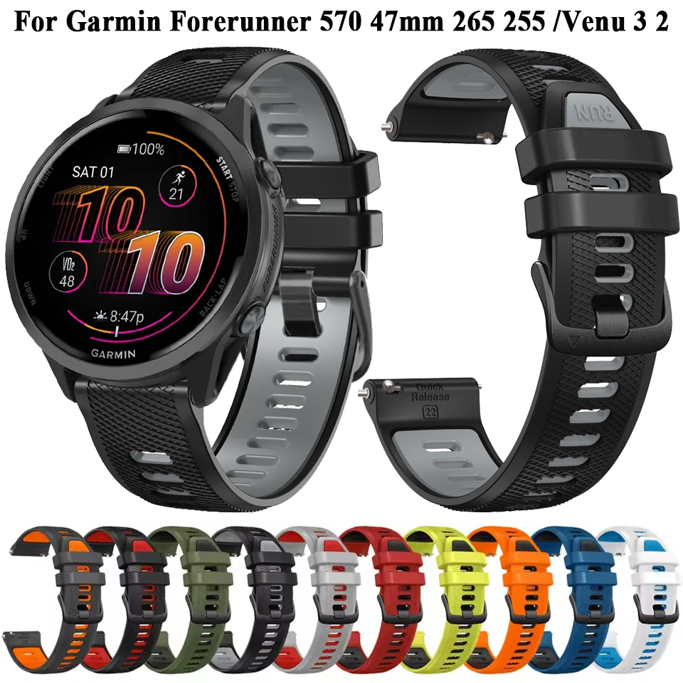 Watch Strap For Garmin Forerunner 570 47mm 265 255 Watchband Bracelet Belt 22mm Width Sport Silicone Wristband For Venu 3 2 45mm