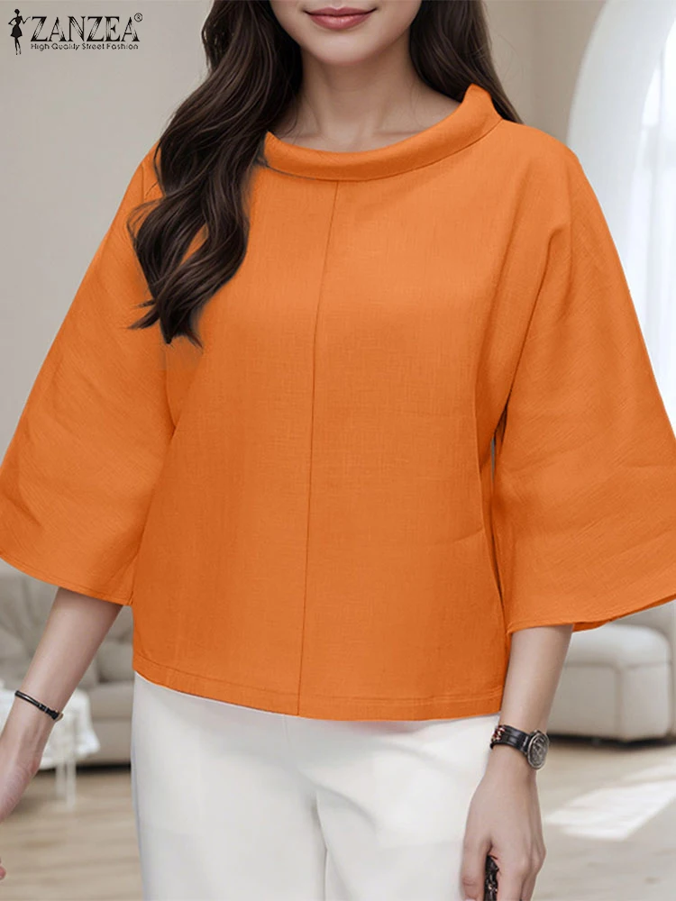 ZANZEA สตรีแฟชั่นเสื้อหลวม 2025 ฤดูร้อนคอ 3/4 แขน Blusas Mujer วันสวมใส่สบายๆเสื้อสีทึบ Streetwear