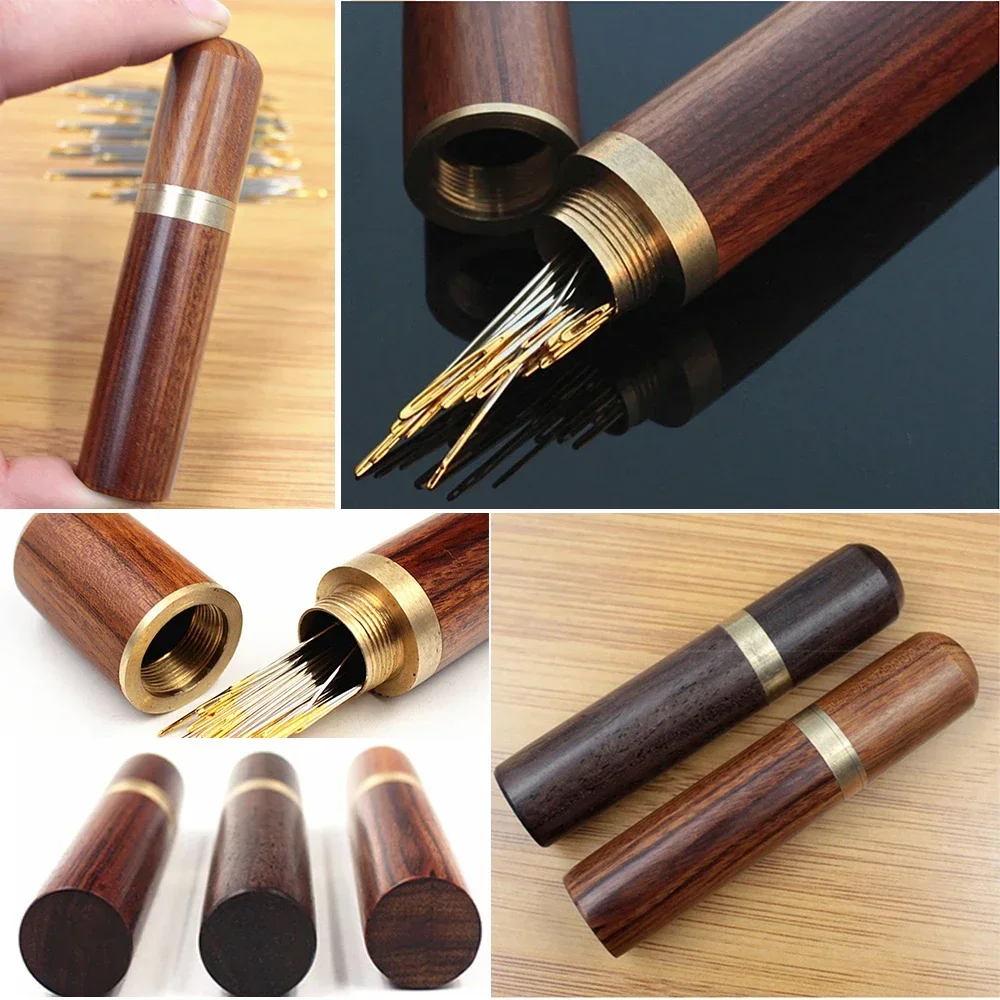 DIY Sewing Needles Holder Storage Tube Wooden Box Hand Sewing Needles Case Leather Knitting Embroidery Mending Needles Container