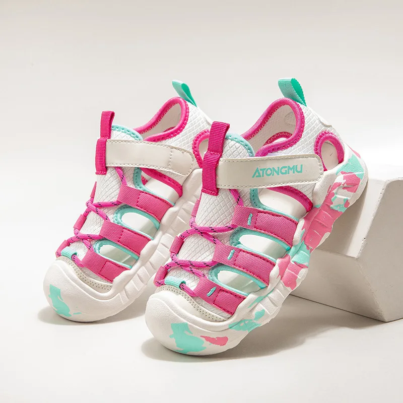 

Kids Cover Toes Sport Sandals Sneakers Girl's Boy Hollow Shoes Hook Loop 2025 Summer Children's Color Patchwork Mesh Shoes 26-37