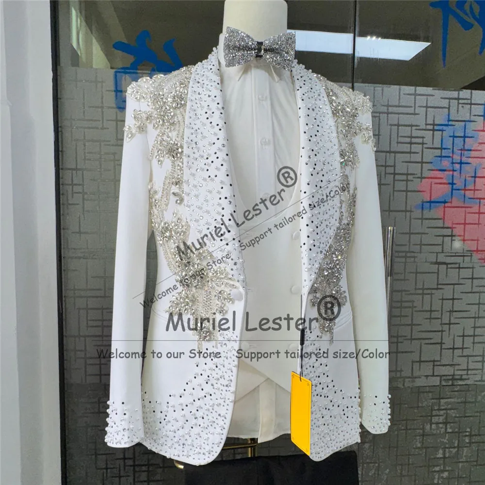 Luxury Groom Wedding Suit Formal Wear Sparkly Beaded Stones Prom Blazer Vest Pants 3 Piece Sets Man Banquet Tuxedo Ropa Hombre