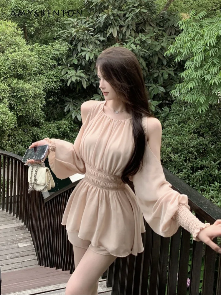 

2025 Summer French Style Gentle Off-Shoulder Long Sleeve Chiffon Blouse Sweet Casual Straight Pink Shorts Two-Piece Set