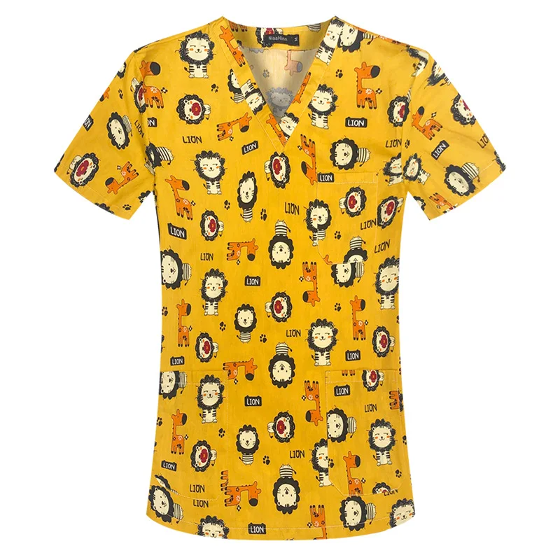 Print Medical Uniforms Women Scrubs Tops Nurse Uniform Short Sleeve T-Shirt Dental Clinic Beauty Spa Workwear Nurses Accesories