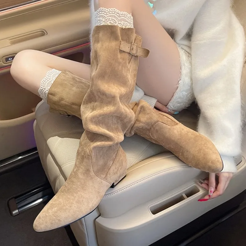 

2025 Winter Heeled Long Boots for Women Designer Pointed Toe Suede Fashion Shoes Elegant New Trends Comfort Shoes Casual Zapatos