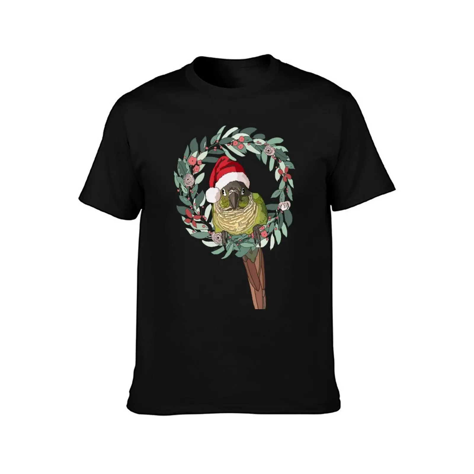 Green Cheek Conure Wearing Santa Hat T-Shirt Festival Casual Short Sleeve T-Shirt