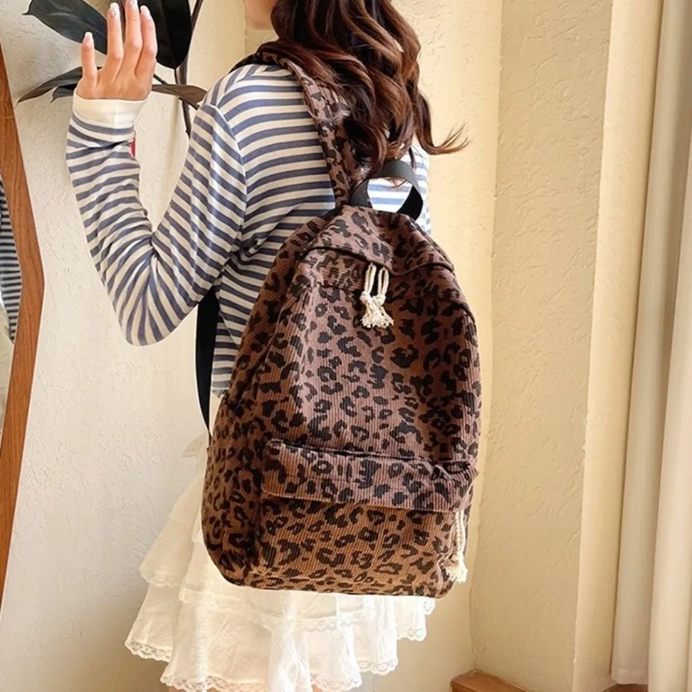 Corduroy Leopard Print Backpack Lightweight Harajuku Students School Bag College Style Korean Style Students Daypack Daily