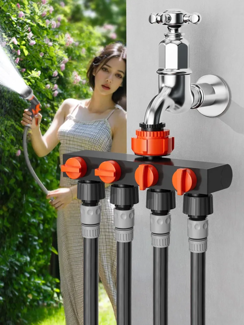 Gartenschlauch-Verteiler, 4-Wege-Wasserhahn-Verteiler, Schlauchanschluss-Verteiler mit vier unabhängigen Schaltern für die Bewässerung von Haus und Rasen – Detail 10