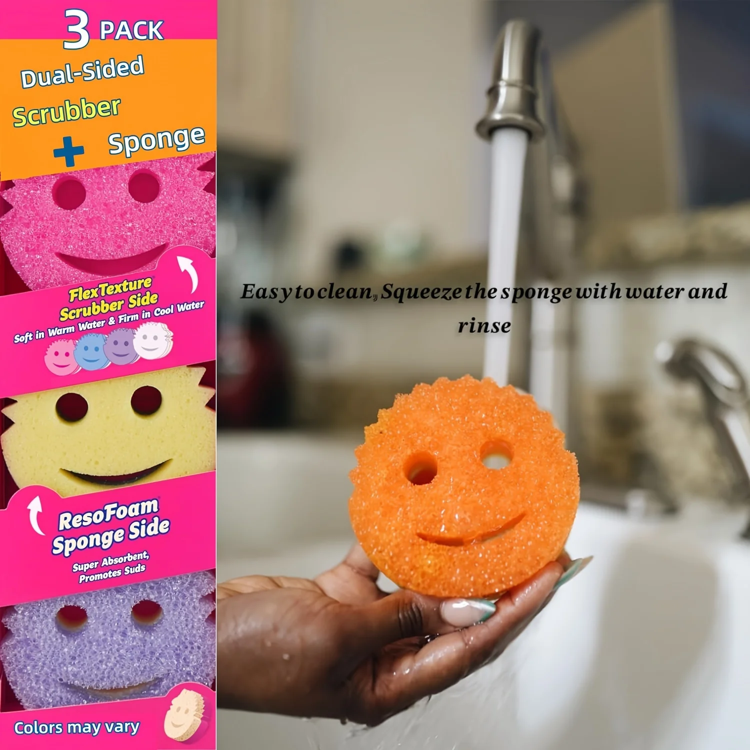 3-piece double-sided kitchen sponge - temperature sensitive, scratch free cleaning pad, suitable for bowls, plates, etc