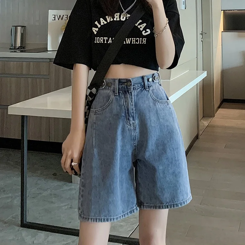 Deep Blue Denim Shorts Women's Loose Fit Student Style High Waist Summer Cool Feeling Hong Kong Design Sense Five-Quarter Pants