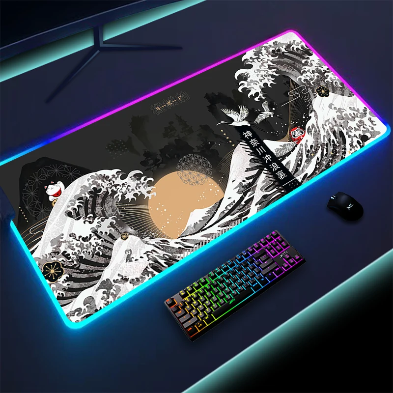 

Janpanese Great Wave Off LED Lighting Mouse Pad Gamer Rubber Computer Large Gaming Mousepad RGB Desk Mat Colorful Luminous Pads