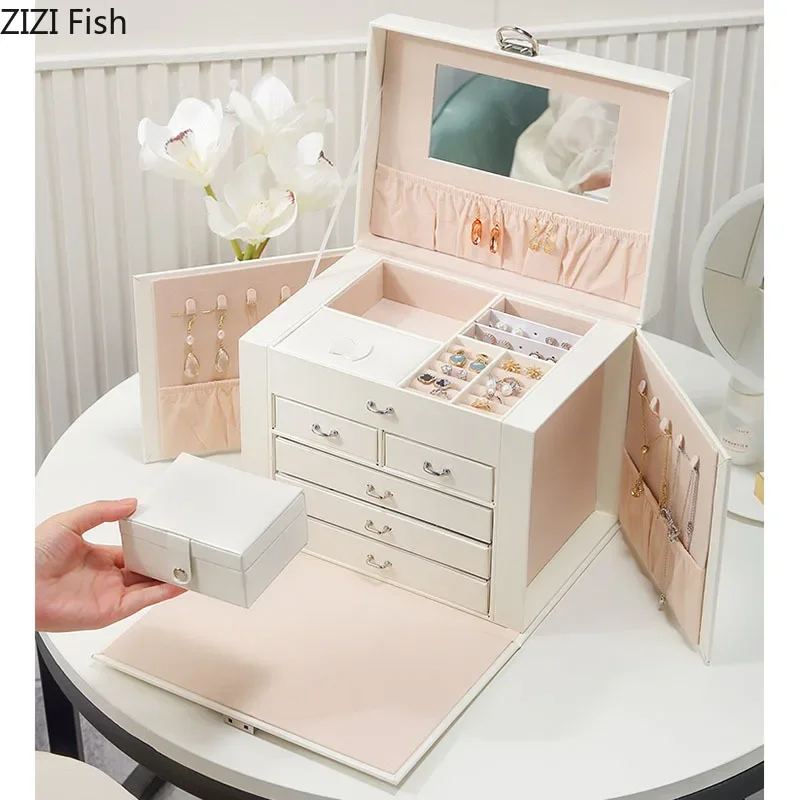 Multi-layer Drawers Storage Box with Lock PU Leather Separate Grid Makeup Box Dressing Table Necklace Earrings Hanging Rack