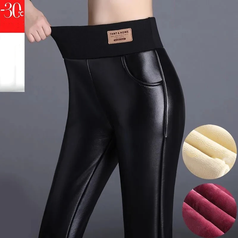 

2024 Thicken Winter PU Leather Women Pants High Waist Elastic Fleece Stretch Slim Woman Pencil Pants Female Leggings Clothes