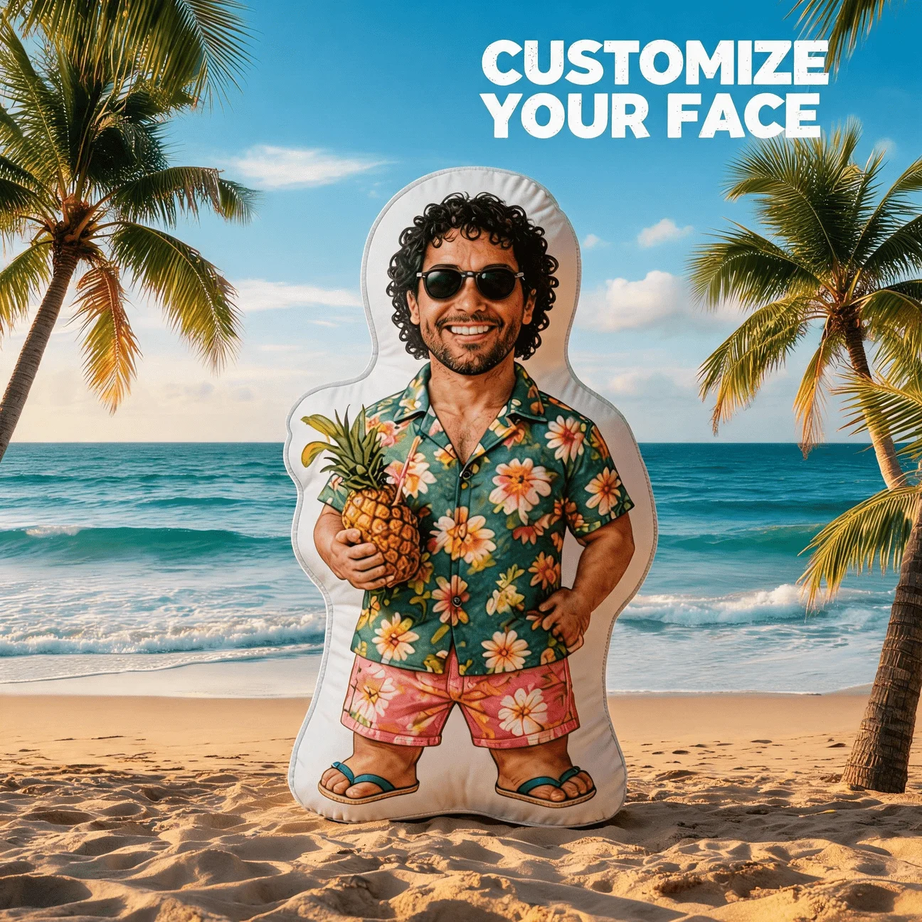 Custom Photo Shaped Pillow, Funny for Man in Floral Shirt Holding Pineapple Decorative Cushion, Unique Personalized Souvenir for