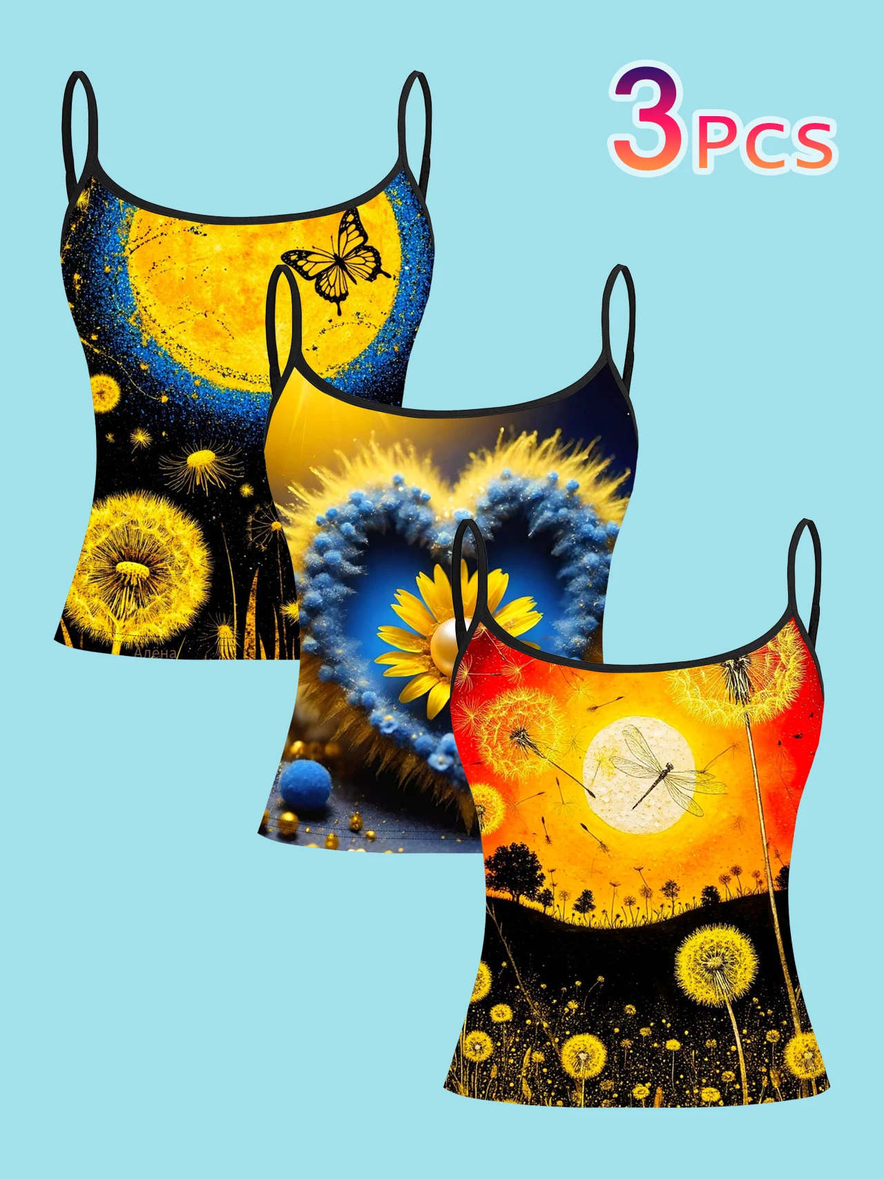 3-Piece Set of Dandelion, Butterfly, Dragonfly, and Moon Print Spaghetti Strap Tank Tops, Blue Heart Daisy, Pearl, Orange-Red Sunset Slim-Fit Sleeveless Tops, Artistic Dreamy Style Inner and Outer Wear Base Layer Shirts