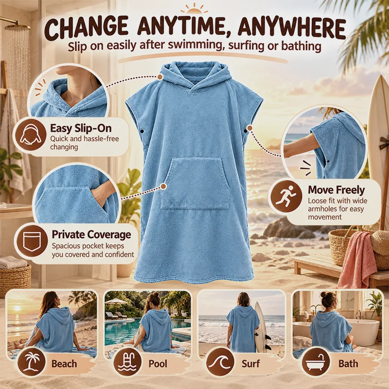 Men Women Hooded Beach Changing Poncho, Soft Absorbent Swimming Robe, Two-tone & Solid Color Optional Surf Cover Up With/Without