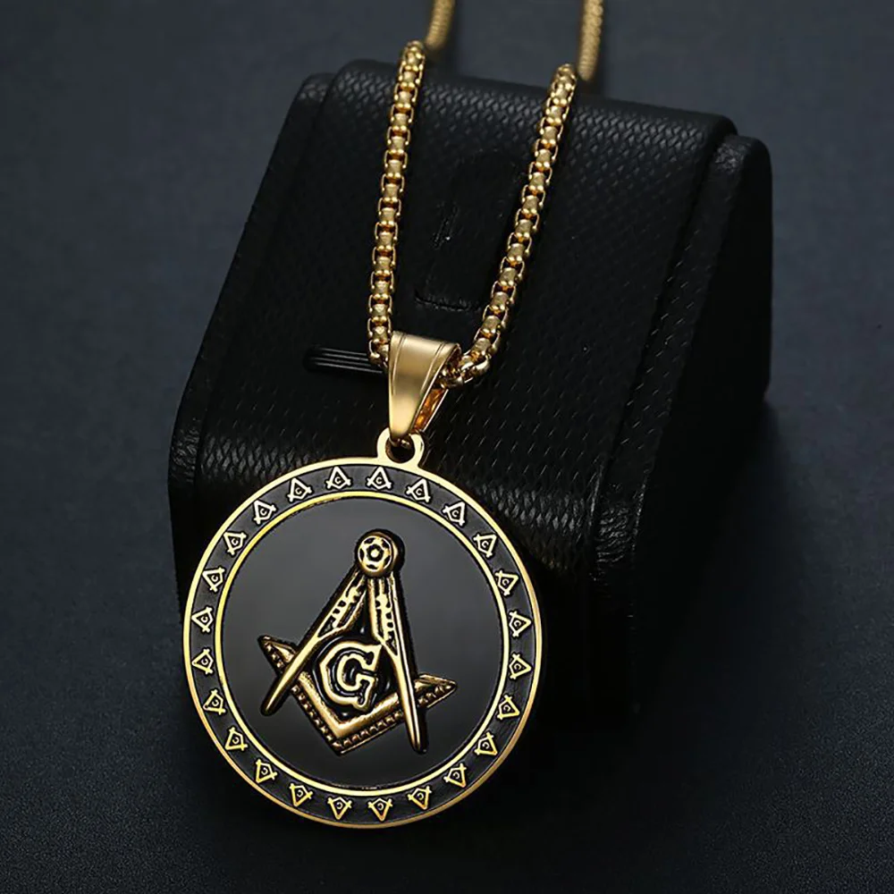 Punk Mason Medal Masonic Symbol Pendant Gold Color Stainless Steel Freemason Round Necklace for Women Men Fashion Jewelry Gift