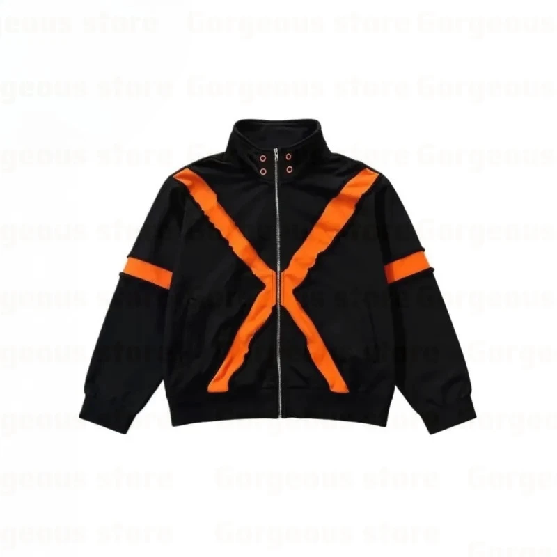 Mens Jacket Harajuku American Streetwear Color Block Patchwork Zip Up Long Sleeve Coat Loose Fit Casual Unisex Fashion Trend New