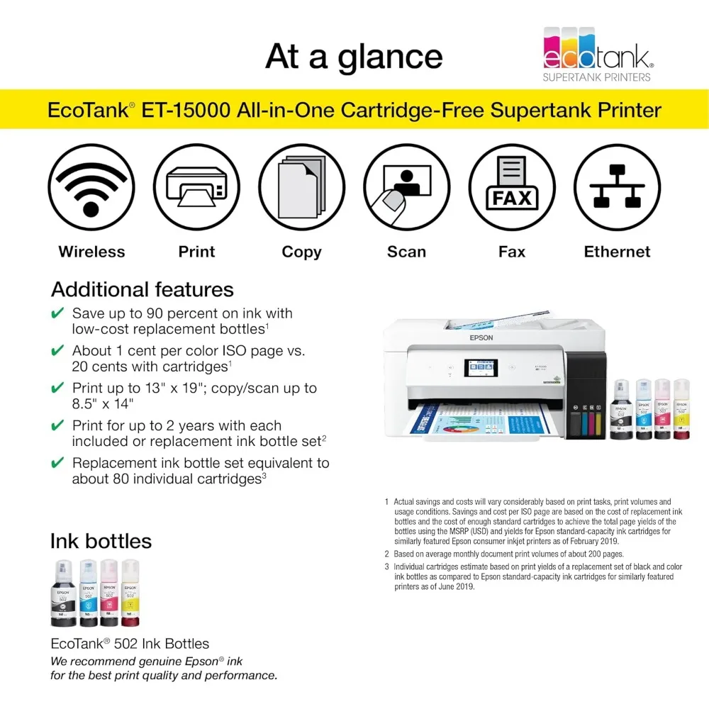 ET-15000 Ecoprecious Document sans fil Tout-en-un Smile tank Imprimante avec EAU, copieur, télécopieur, Ethernet et impression jusqu'à 13x19