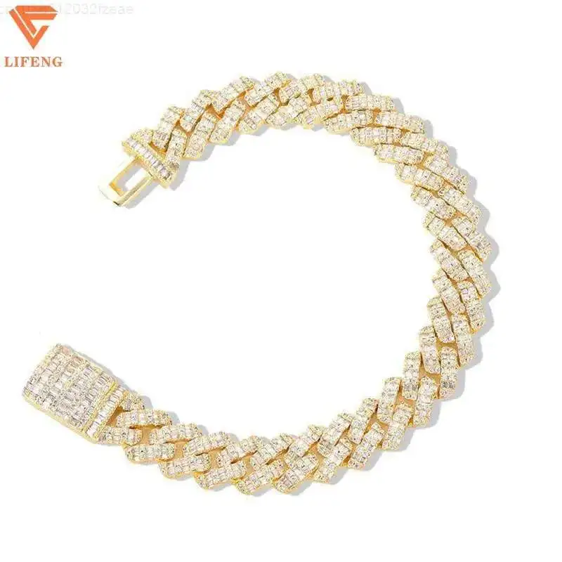 

Custom S925 Iced Out Hiphop VVS Moissanite 10MM Miami Cuban Link Chain 2Row Square Baguette Diamond Bracelet Necklace