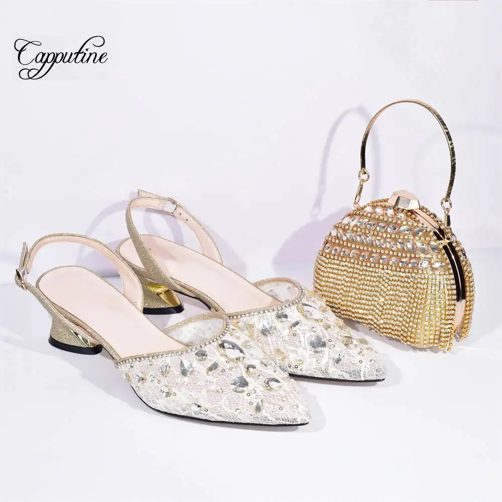 Gold Women Shoes Match With Bag Set Luxury African Ladies Stones Pumps And Purse Handbag High Heels Sandals Clutch A108-5