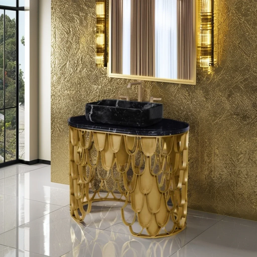 High end bathroom washbasin luxury home furniture gold stainless steel washstand black marble top wash basin with pedestal