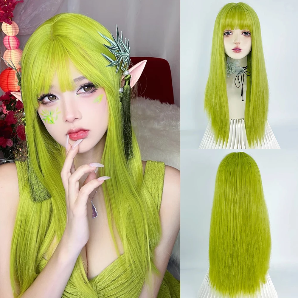 

Synthetic Long Straight Green Wigs Heat Resistant Fluffy Women Lolita Cosplay Wig with Bangs for Daily Party