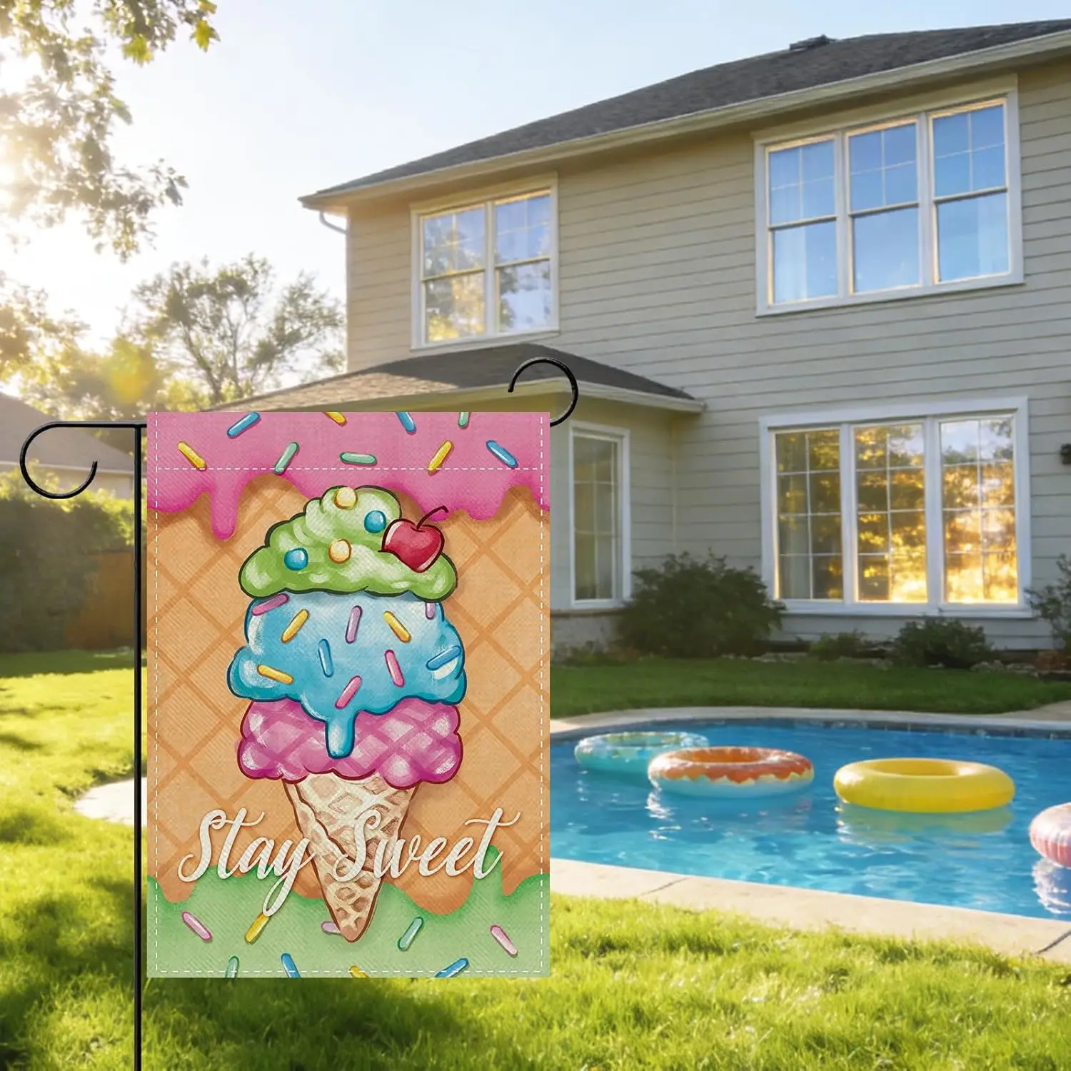 Summer Ice Cream Decorative Garden Flag, Stay Sweet Waffle Small Yard Outside Decorations, Seasonal Burlap Outdoor Home Deco AAS