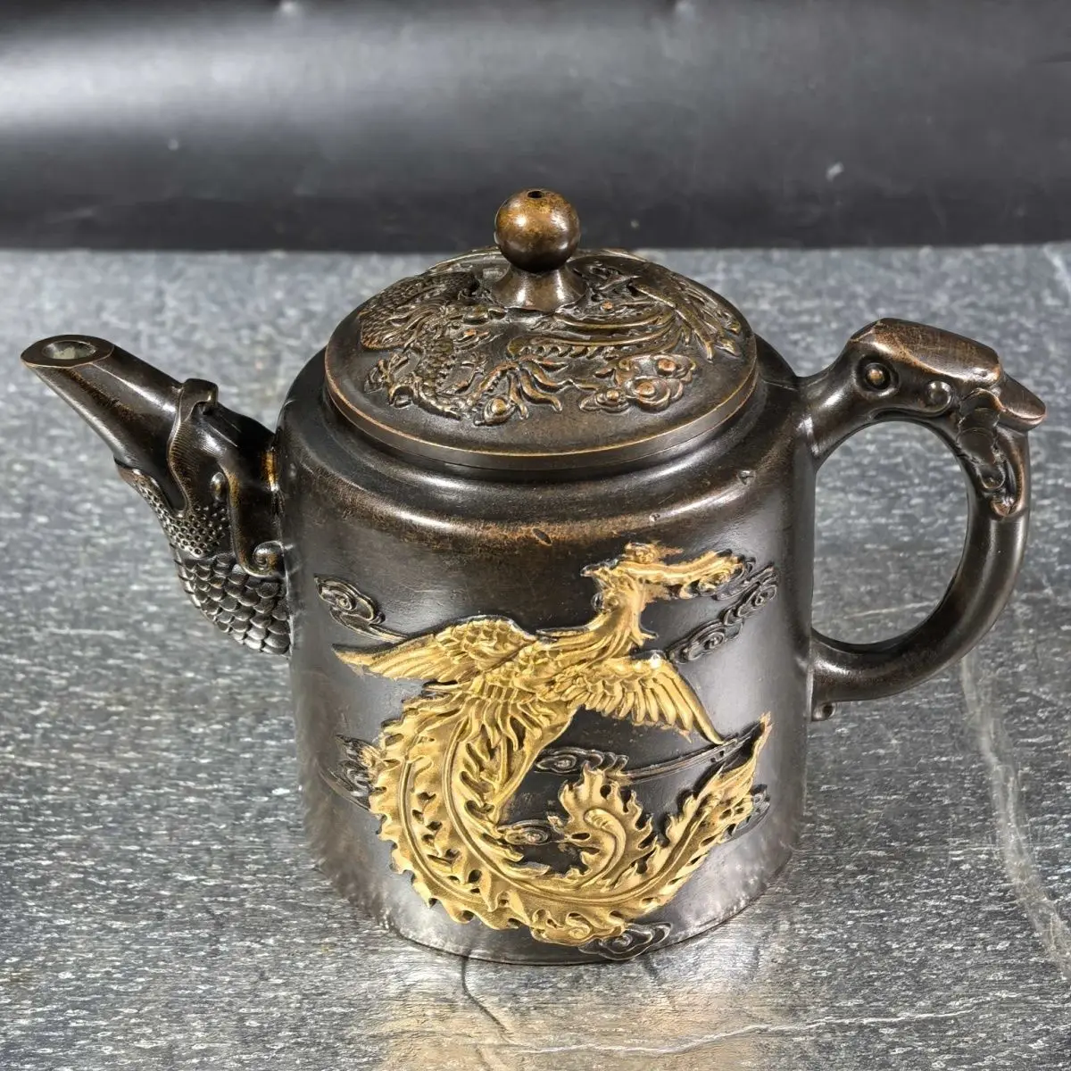 Vintage Gilt Brass Dragon & Phoenix Wine Pot Teapot for Collection