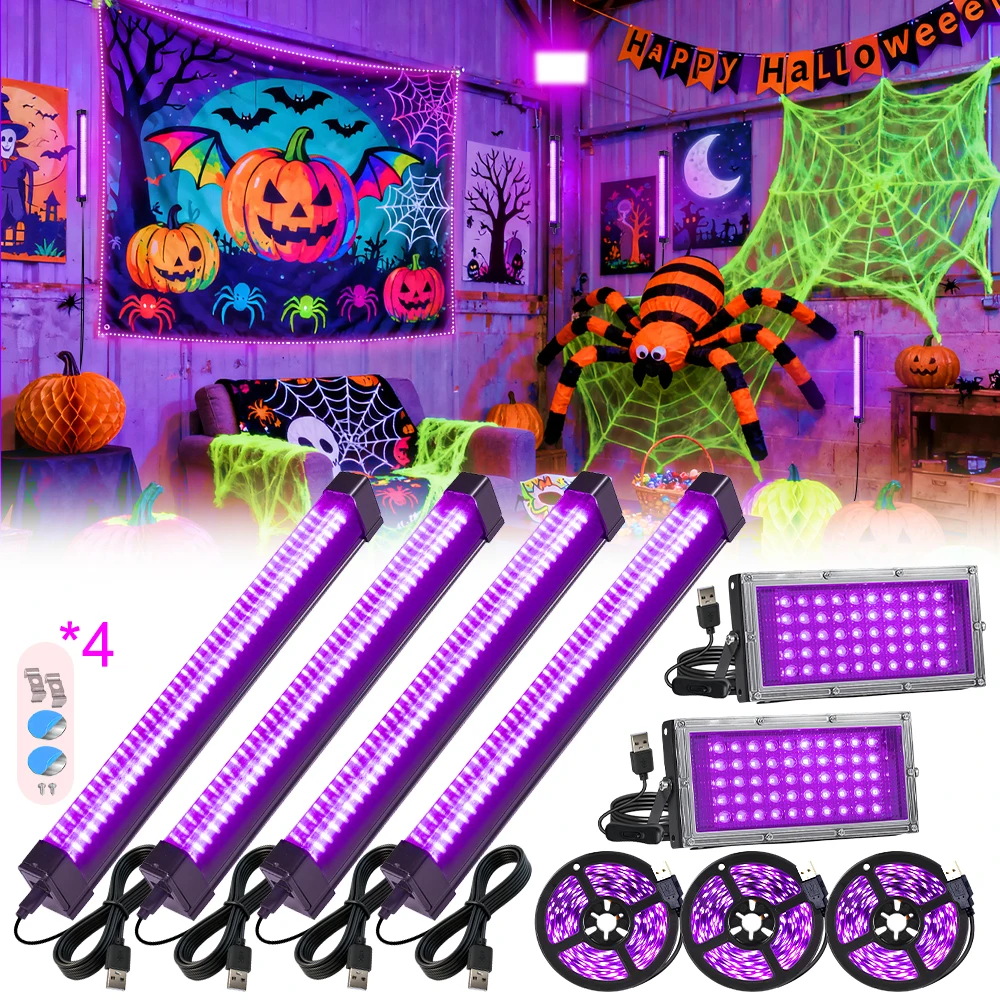 

USB Black Light Super Bundle 2pack 50LEDs 3pack 250cm 4pack 32cm for Fluorescent Body Art Glow Party Xmas Halloween Home Decor