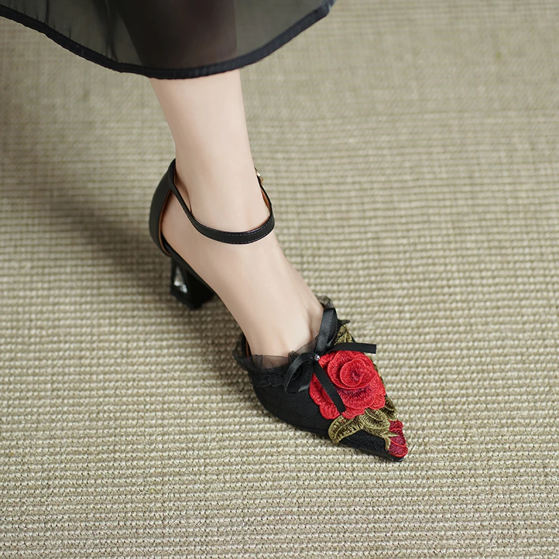 2026 New Cow Skin Pointed Toe Thick High Heels Summer Sandals Flowers Decoration French Chic Big Size 43 Beauty Women Pumps