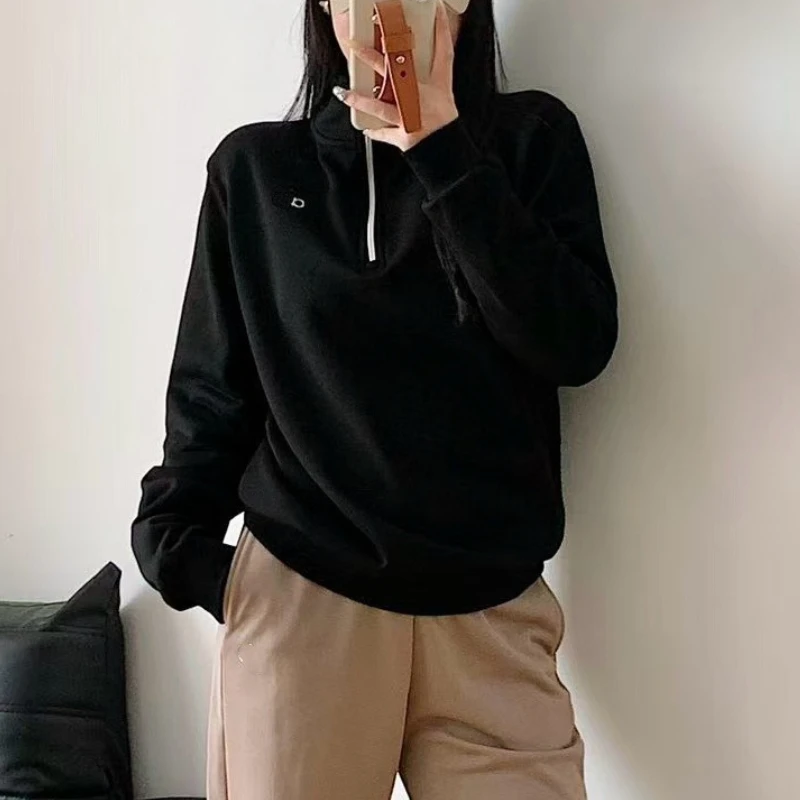 الوقوف طوق نصف البريدي البلوز 2025 الخريف والشتاء الترفيه فضفاضة تناسب هوديس المرأة القطن الجري اللياقة البدنية الرياضة البلوز #4