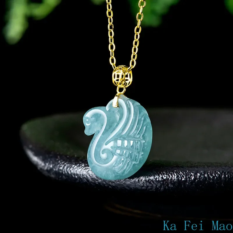 

Natural A-grade Jade Blue Water Swan Pendant with 18K Gold Inlaid Ice Jadeite Charms Fashion Women's Jewelry Drop Shipping