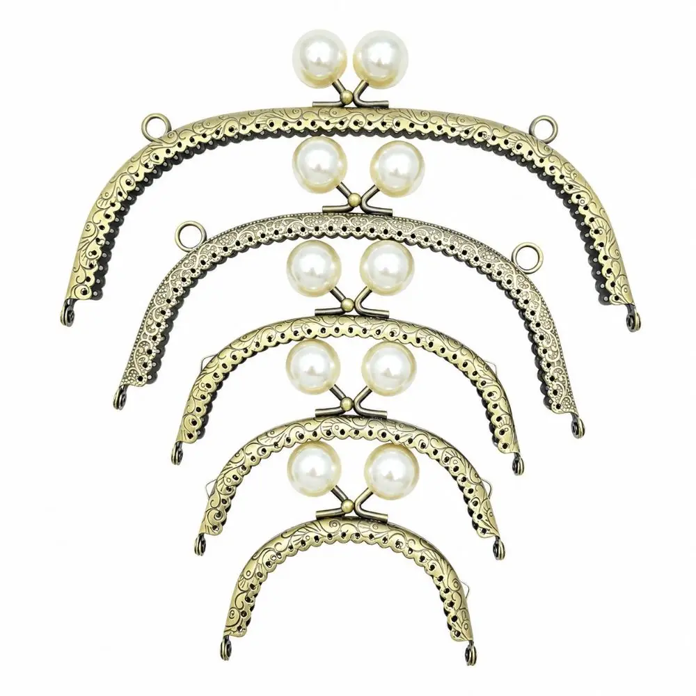 DIY Handcraft Antique Bronze Kiss Clasp Curved Shape Embossed Pattern Metal Purse Pearl Head Clutch Frame Evening Bag