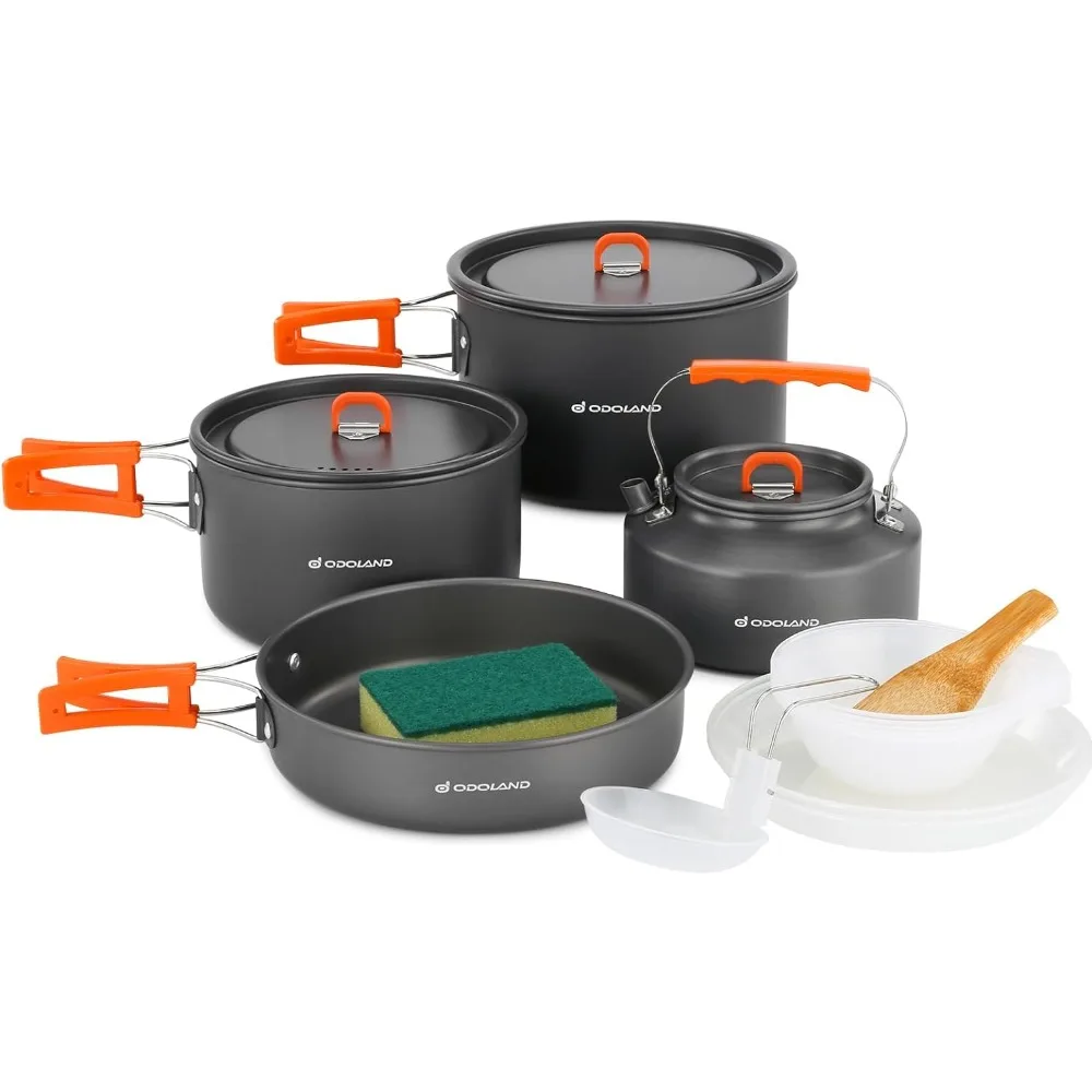 

Odoland 15pcs Camping Cookware Non-Stick Lightweight Camping Pots and Pans Set with Kettle Plastic Plates Bowls Soup Spoon