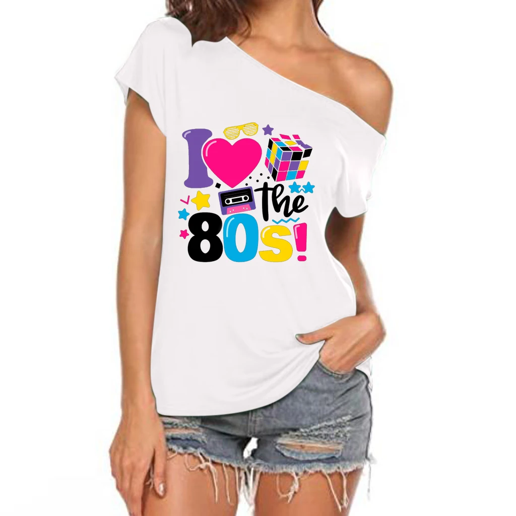 XUANSHOW 2024 Sommer I Love the 80s Emotional Element T-Shirt Sexy Off Shoulder Tops Kurzarm Buchstaben bedrucktes T-Shirt – Detail 12