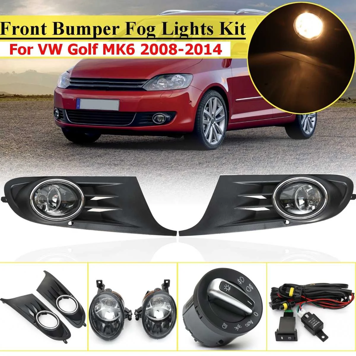 Pair Fog Light For Vw Golf 6 MK6 2009 2010 2011 Fog Light Cover Grill Harness Kit Front Bumper Driving Lamp DRL Car Accessories