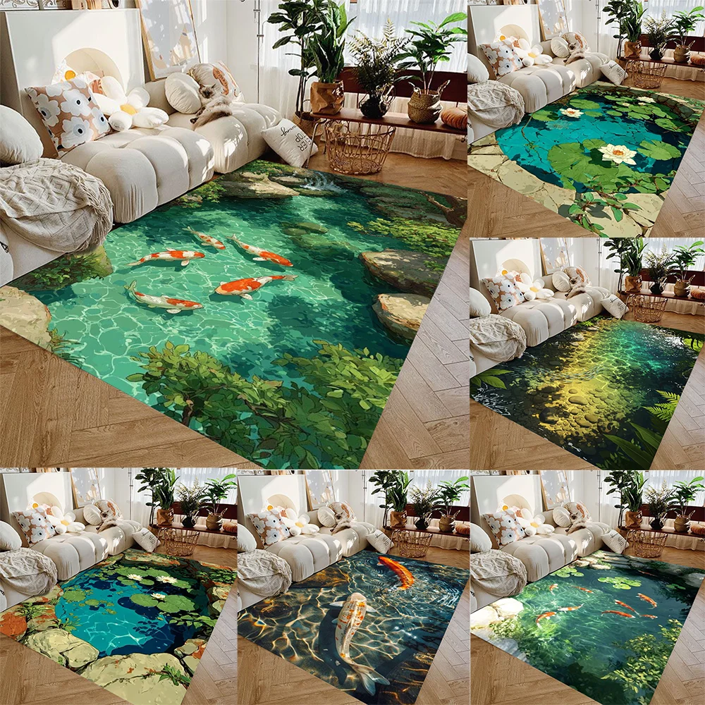 Alfombra con Diseño de Peces Koi y Hojas de Loto en 2D, Adecuada para Dormitorios y Salas de Estar, Tapetes para Áreas de Juego Infantiles
